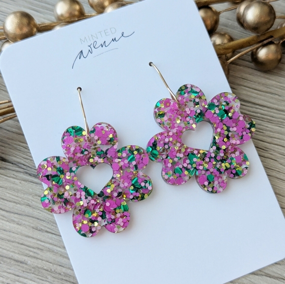 Handmade St Patrick Day Clover Earrings, Acrylic Shamrocks - Picture 1 of 3